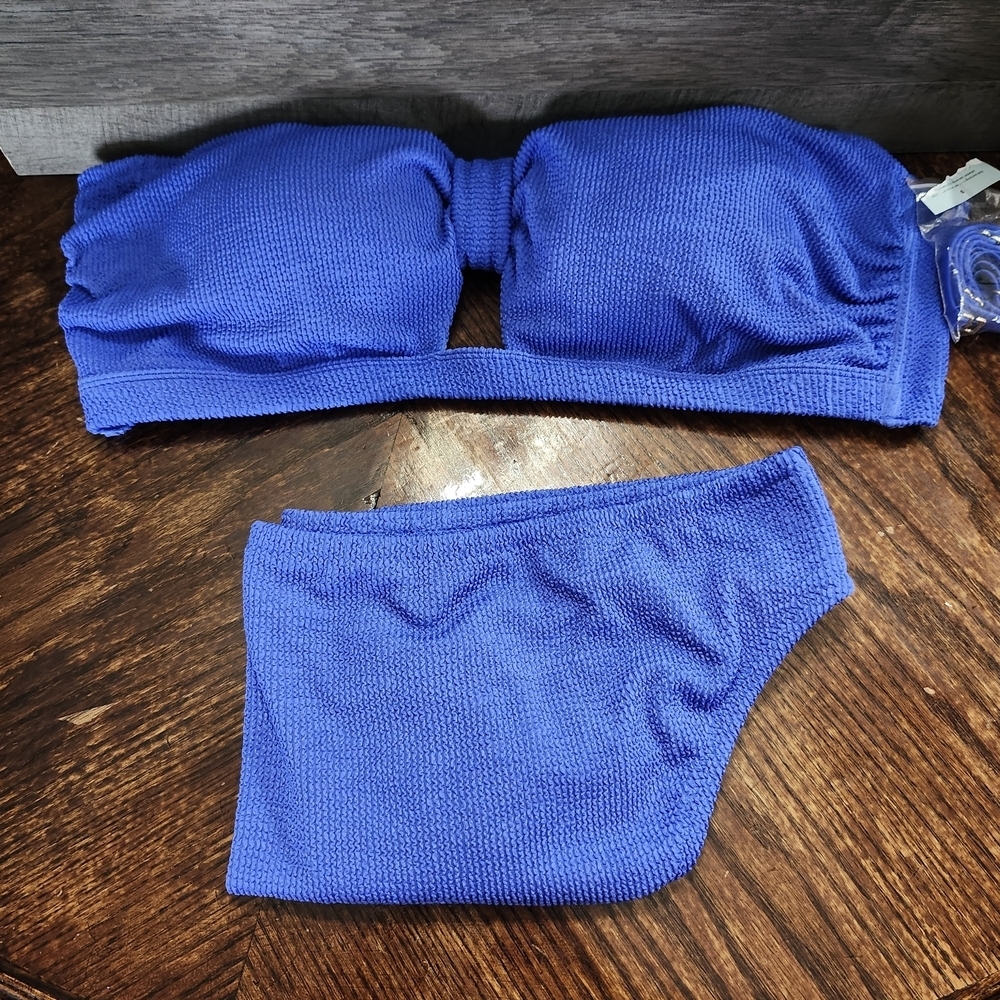 Shade & Shore Blue Textured Bandeau Bikini Set High Cut Bottom 2 Piece NWT Sz 3X